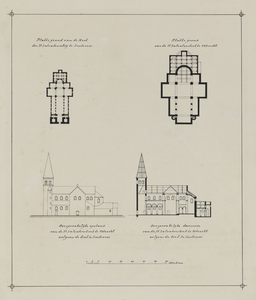 214515 Plattegrond en doorsnede van de Oud-Munsterkerk te Utrecht; met ter vergelijking toegevoegd: een plattegrond en ...